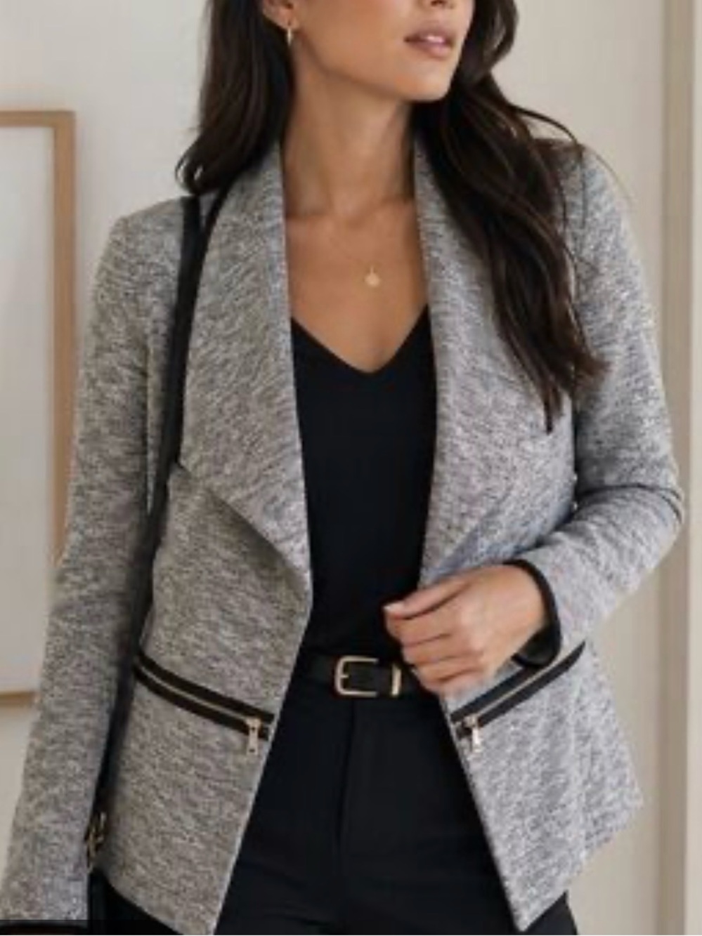Rafaella Heather Gray Open-Front Zip-Pocket Blazer